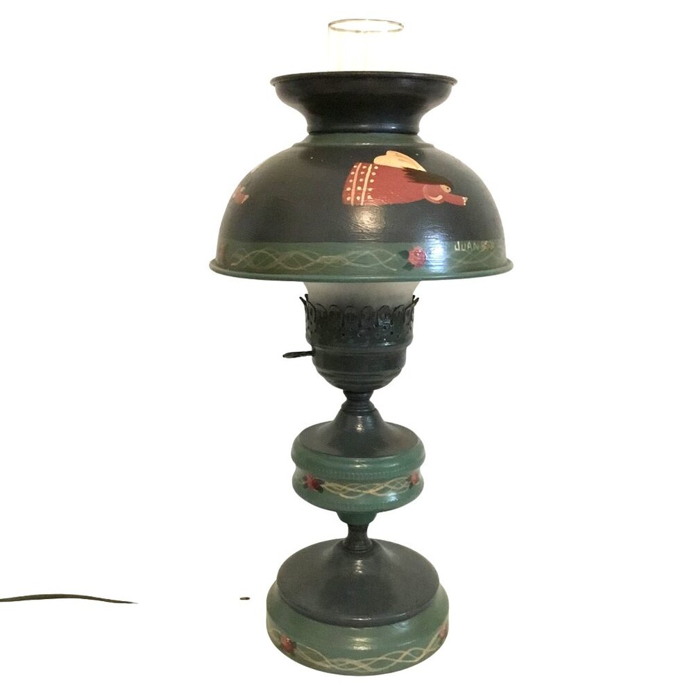 VTG Hand Painted Folk Art Angel Shade Electric Table Lamp Signed Joan Schneier